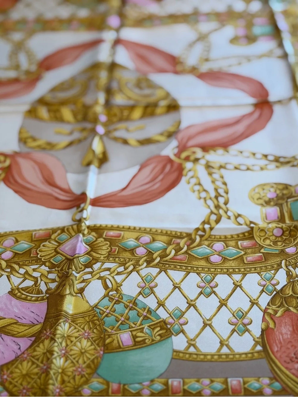 Celine Silk Scarf in Taupe, Pink & Mint with Gold Motif